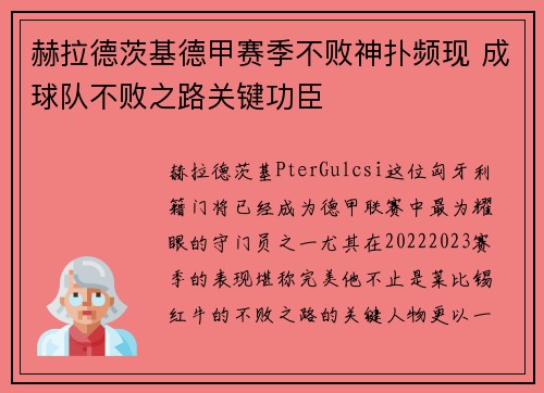 赫拉德茨基德甲赛季不败神扑频现 成球队不败之路关键功臣